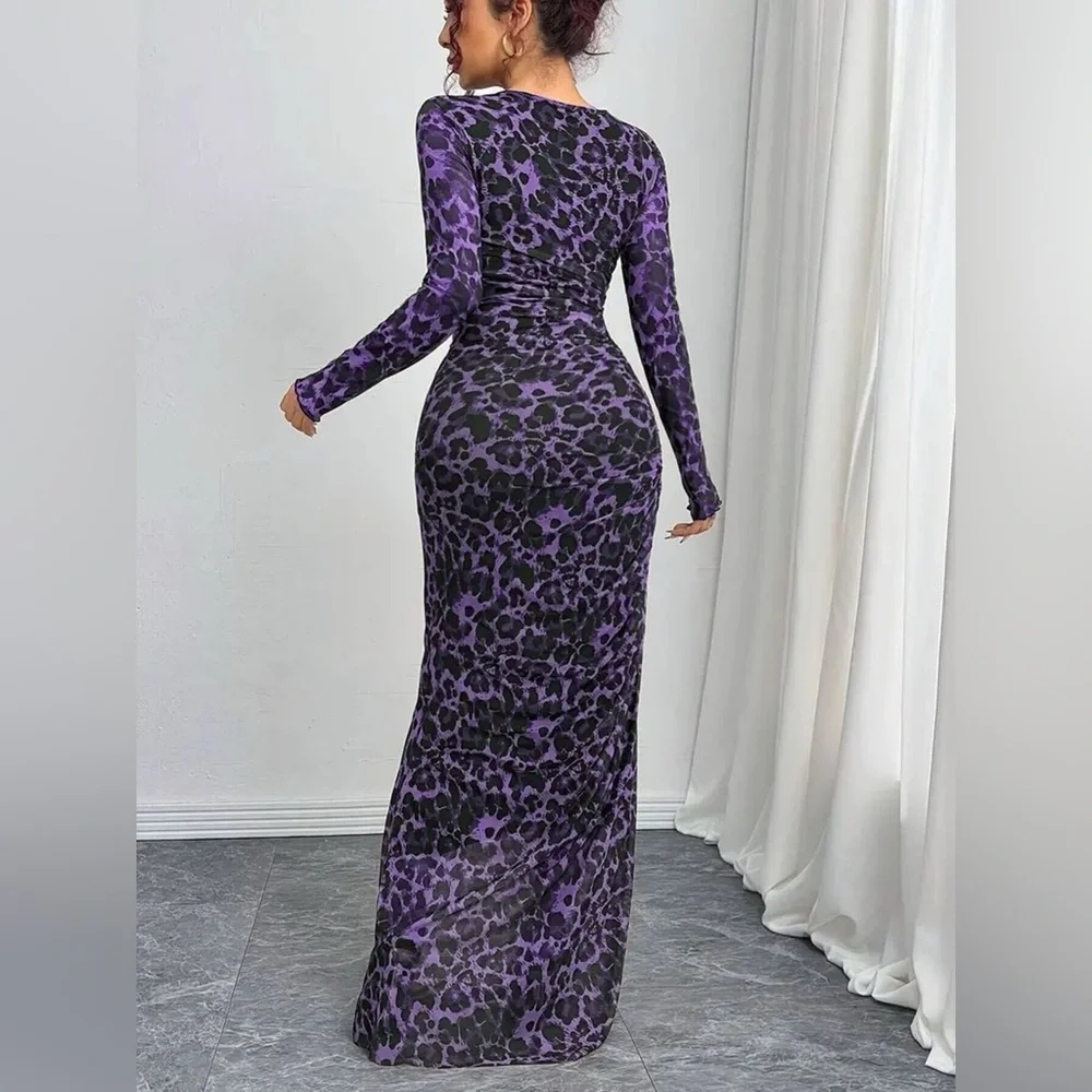 Leopard Ruched Bodycon Maxi Dress